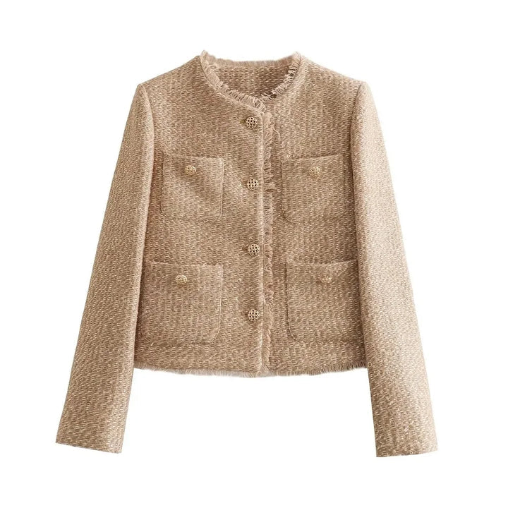 Women's Boxy Cropped Tweed Jacket Pockets Button-Front