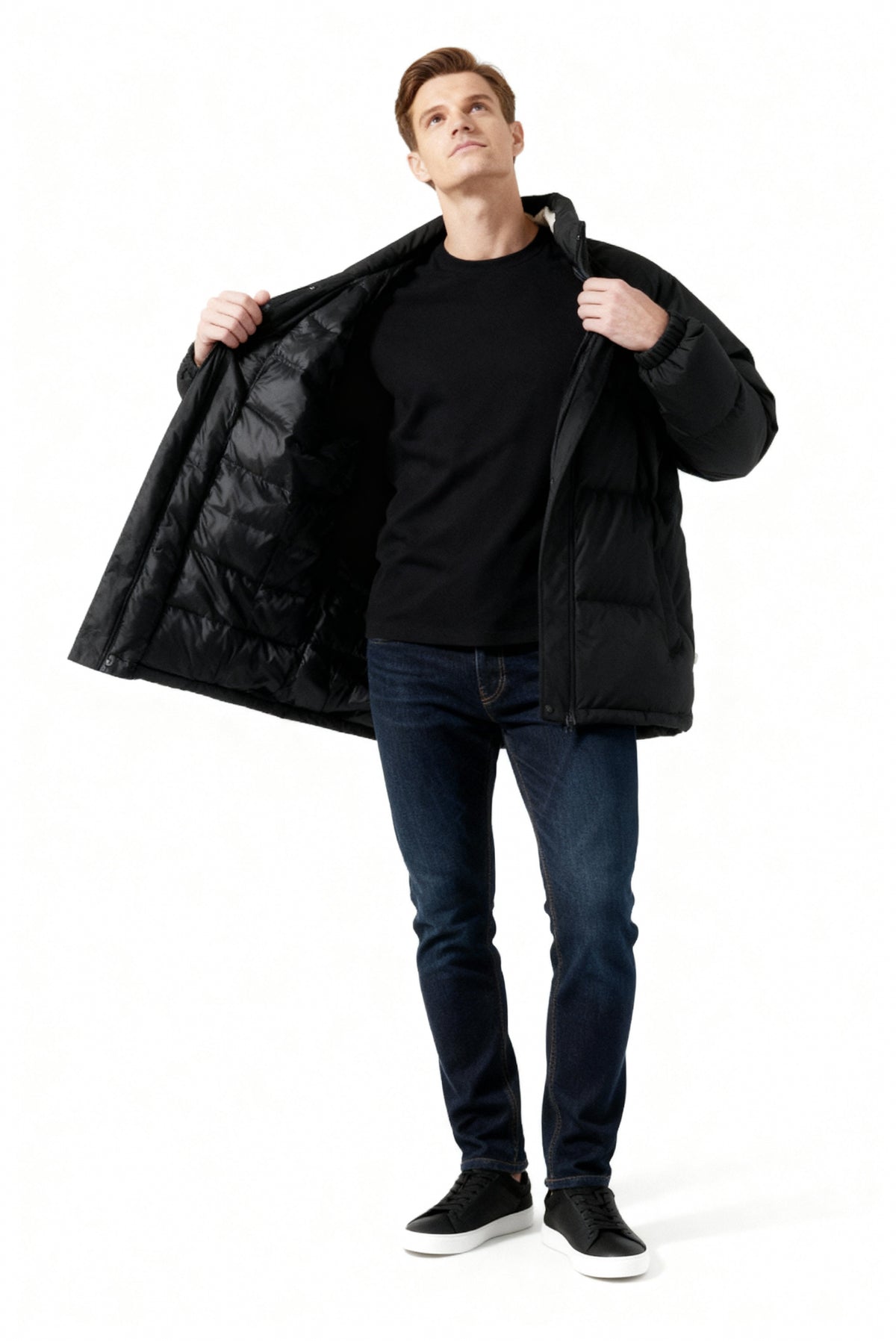 Men's Fleece-Lined Winter Puffer Jacket Stand Collar Relaxed-Fit