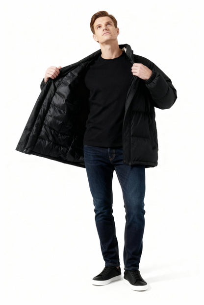 Men's Fleece-Lined Winter Puffer Jacket Stand Collar Relaxed-Fit