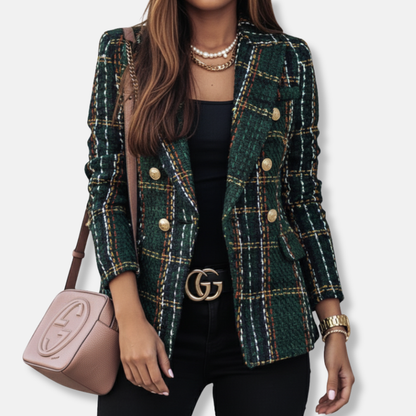 Women's Double-Breasted Tweed Jacket Pockets Button-Front