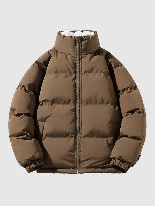 Men's Fleece-Lined Winter Puffer Jacket Stand Collar Relaxed-Fit