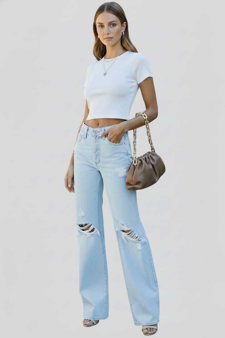 Women's High-Waist Ripped Wide-Leg Jeans