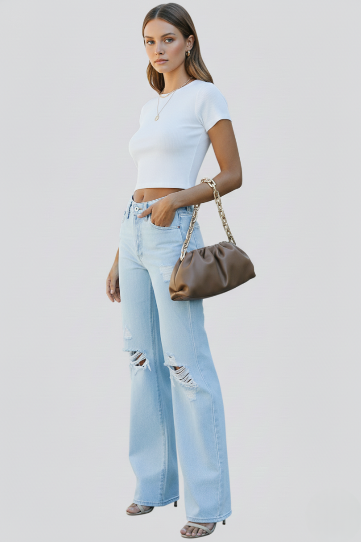 Women's High-Waist Ripped Wide-Leg Jeans