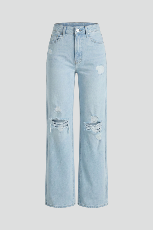 Women's High-Waist Ripped Wide-Leg Jeans