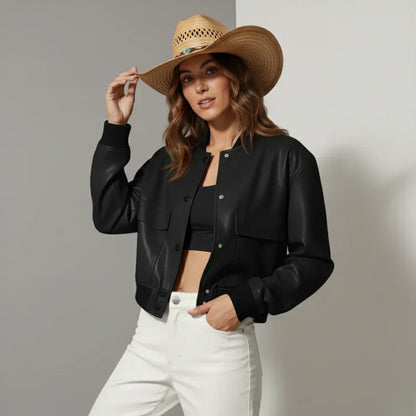 Women's Waterproof Cropped Leather Jacket Pockets Button-Front