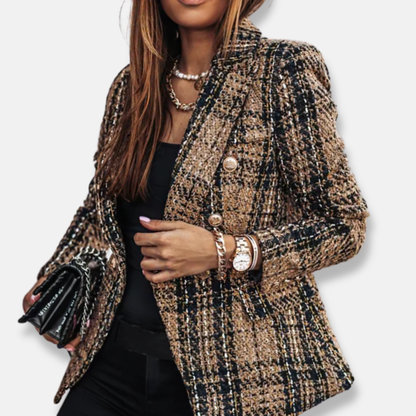 Women's Double-Breasted Tweed Jacket Pockets Button-Front