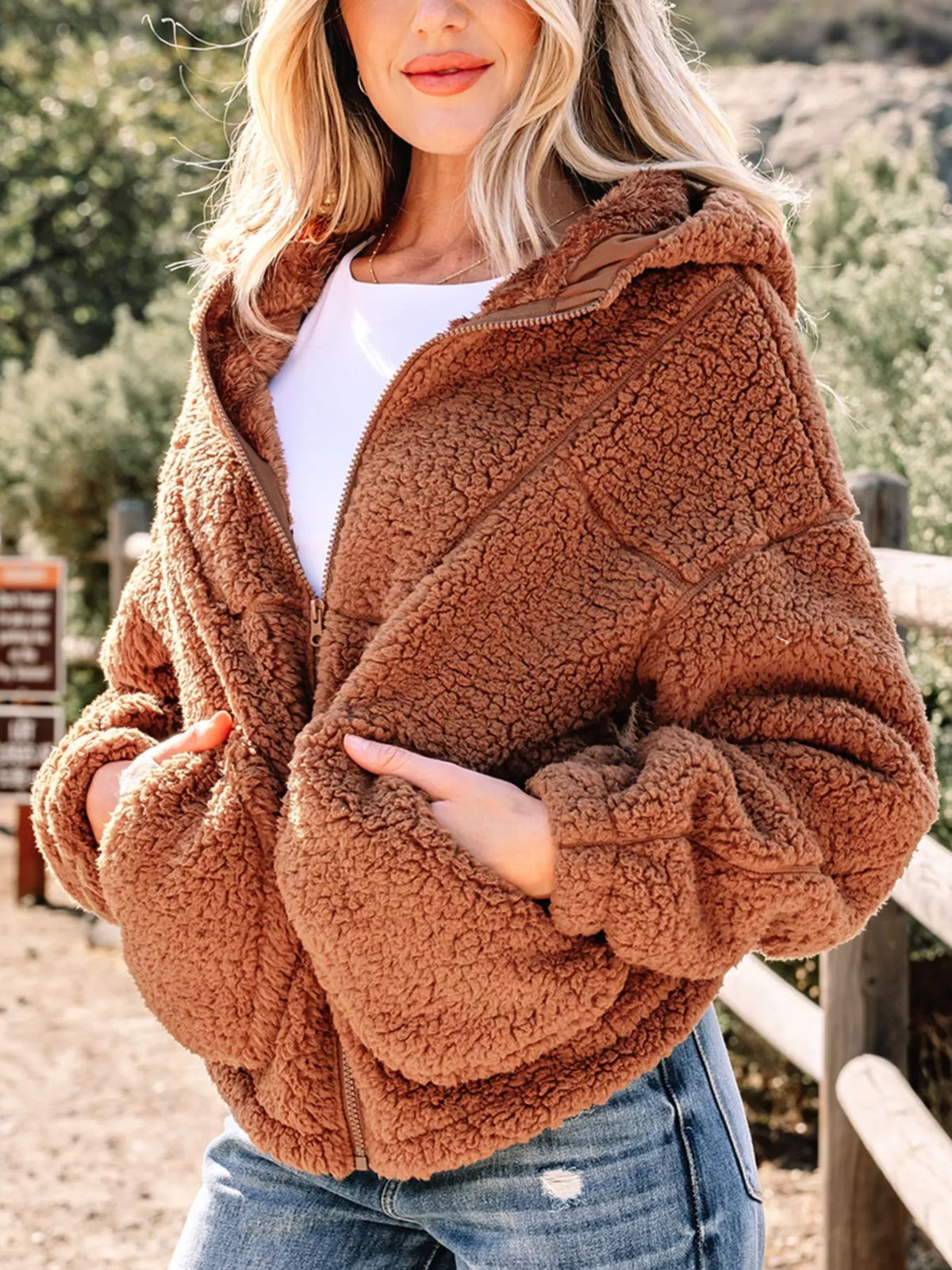 Women's Zip-Up Winter Teddy Jacket Pockets Oversized