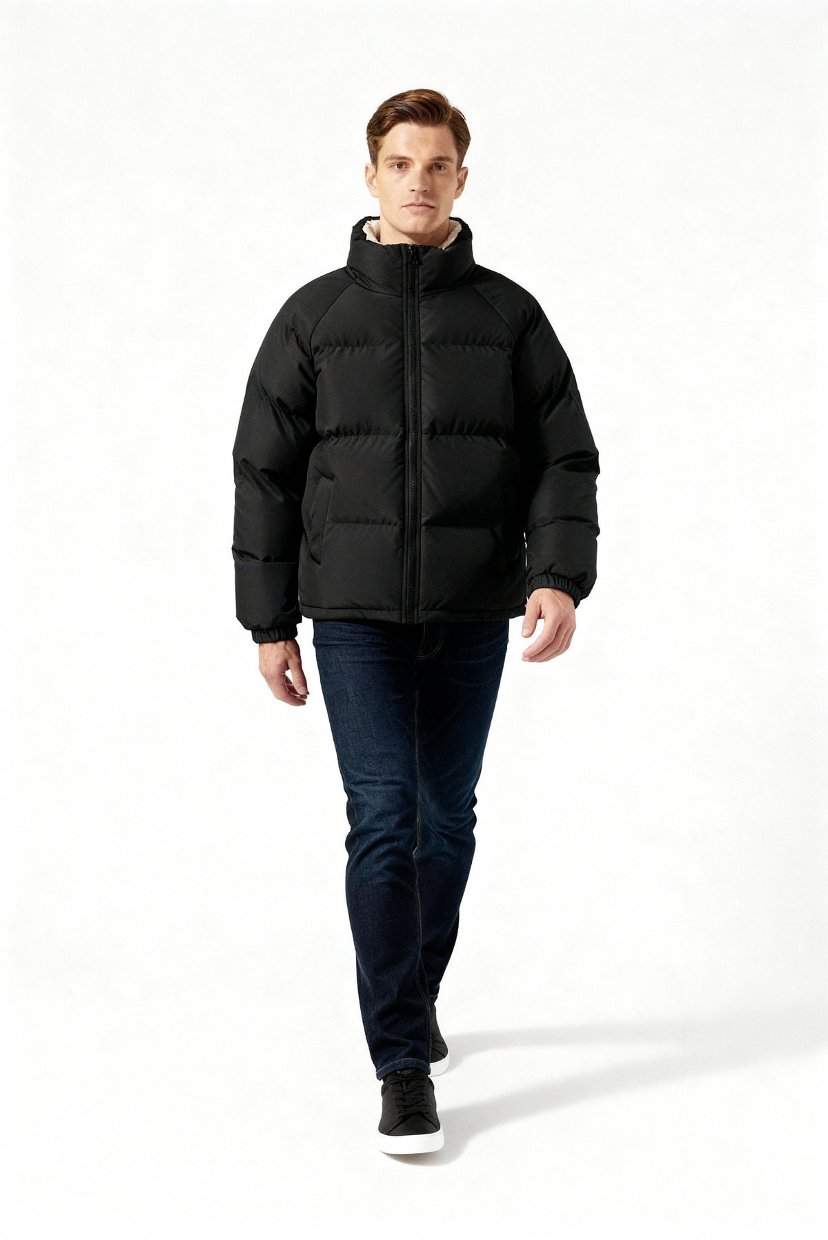 Men's Fleece-Lined Winter Puffer Jacket Stand Collar Relaxed-Fit