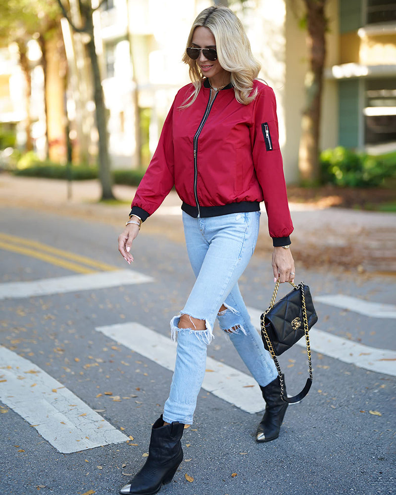 Women's Lightweight Ribbed-Trim Bomber Jacket Relaxed-Fit