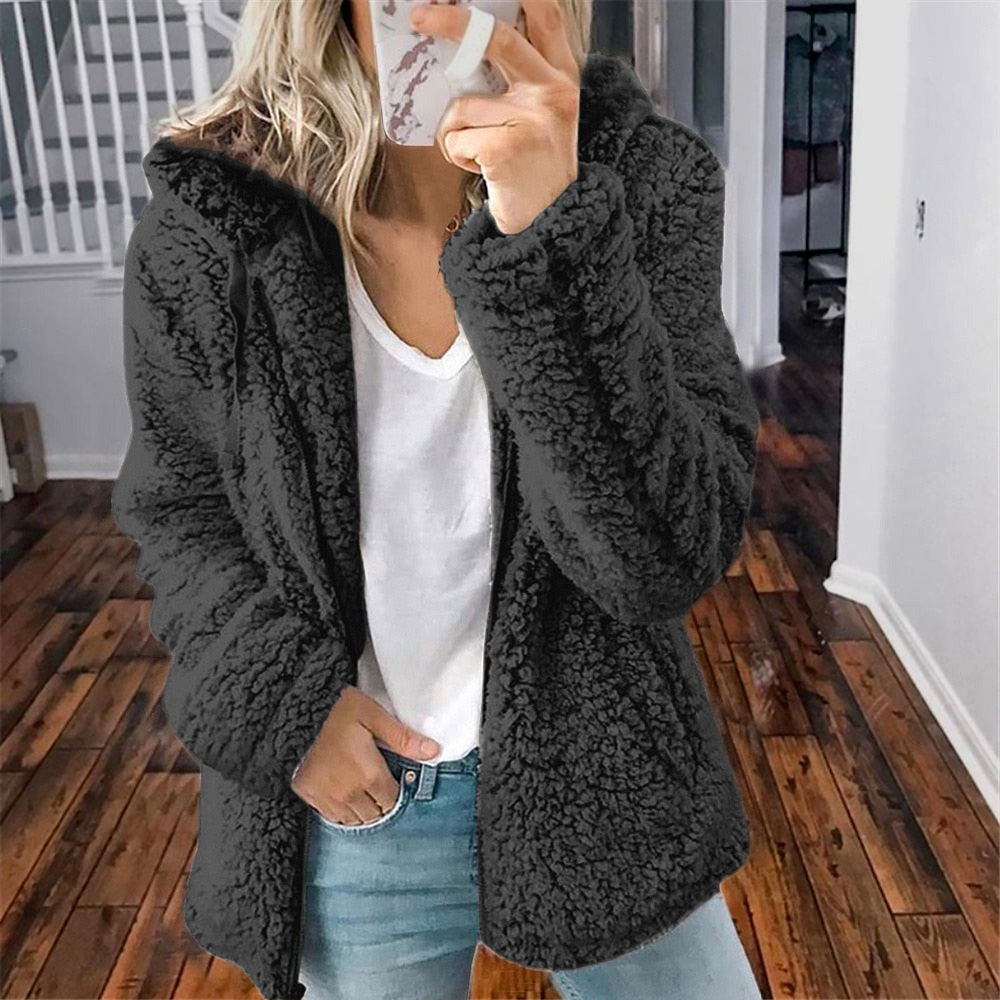 Women's Hooded Winter Teddy Jacket Relaxed-Fit