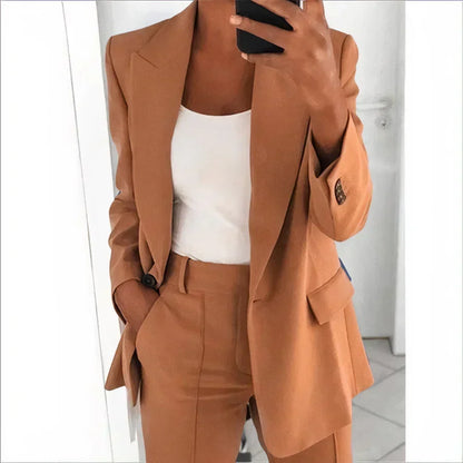 Women's Blazer and Trouser Suit Set Elastic Waist Relaxed-Fit