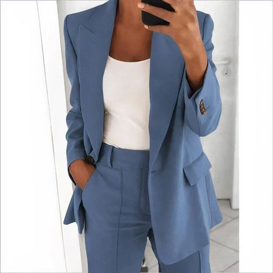 Women's Blazer and Trouser Suit Set Elastic Waist Relaxed-Fit
