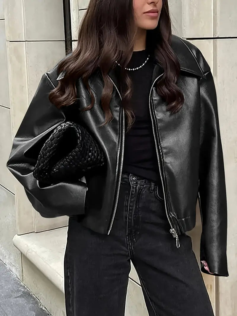 Women's Faux Leather Oversized Bomber Jacket
