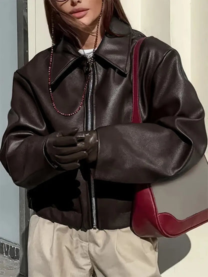 Women's Faux Leather Oversized Bomber Jacket