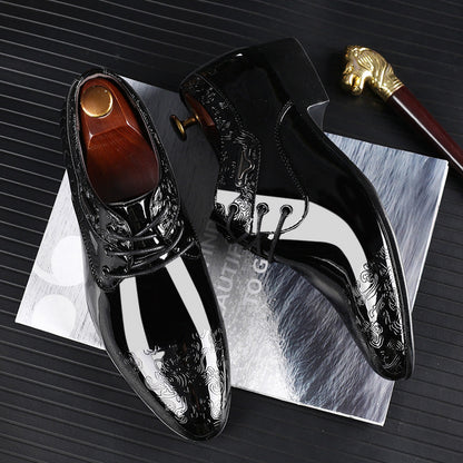 Men's Patent Derby Dress Shoes Embossed Trim Cushioned