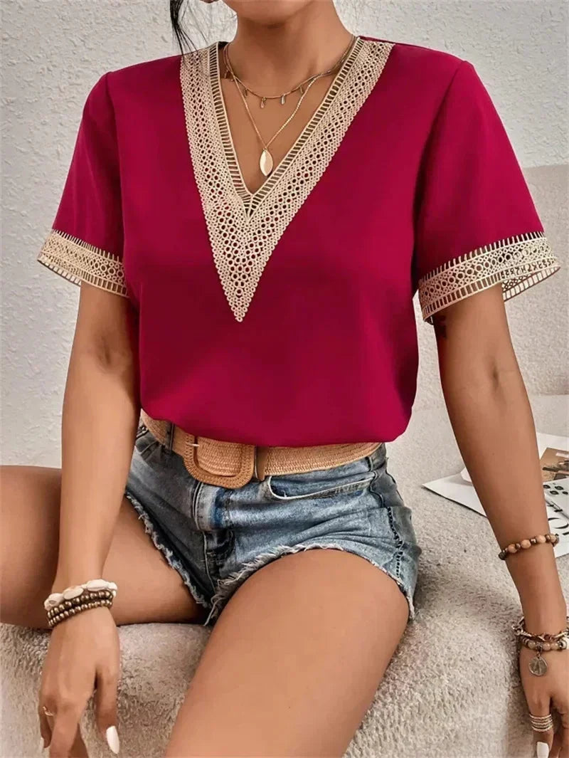 Women's Lace Short-Sleeve V-Neck Blouse Relaxed-Fit