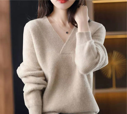 Women's Ribbed V-Neck Knitted Jumper Relaxed-Fit