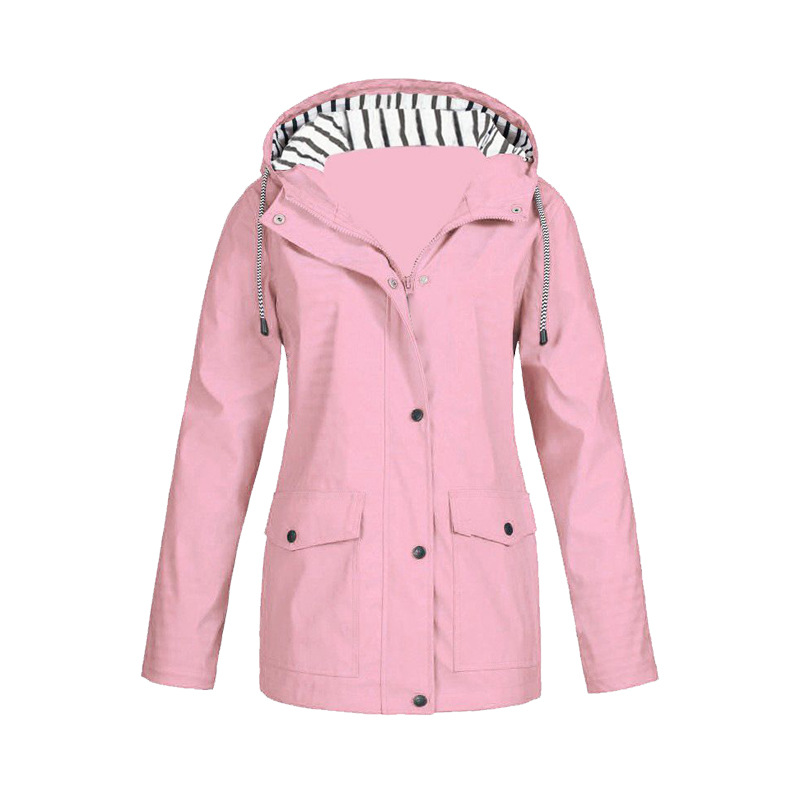Women's Drawstring Hooded Waterproof Coat Pockets