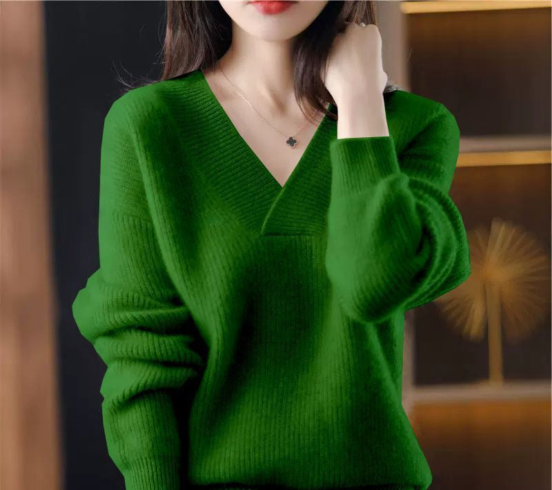 Women's Ribbed V-Neck Knitted Jumper Relaxed-Fit