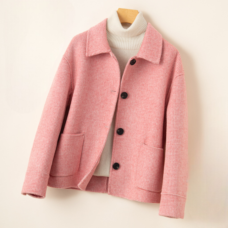 Women's Relaxed Check Tweed Jacket Pockets Button-Front