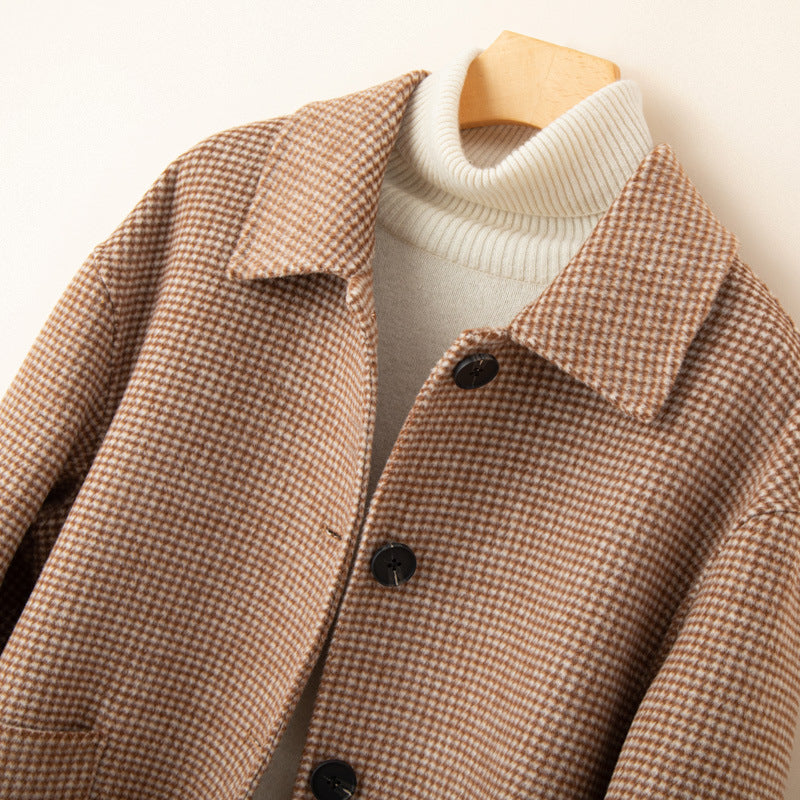 Women's Relaxed Check Tweed Jacket Pockets Button-Front