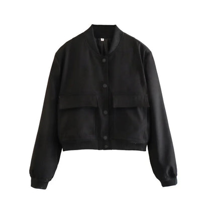 Women's Cropped Bomber Jacket Pockets Button-Front