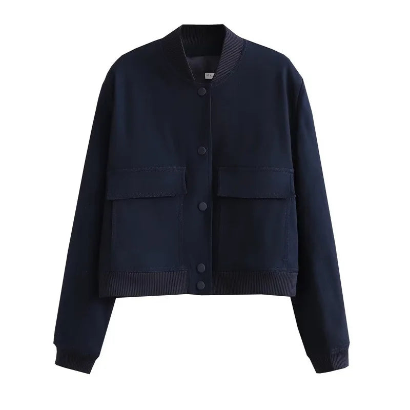 Women's Cropped Bomber Jacket Pockets Button-Front