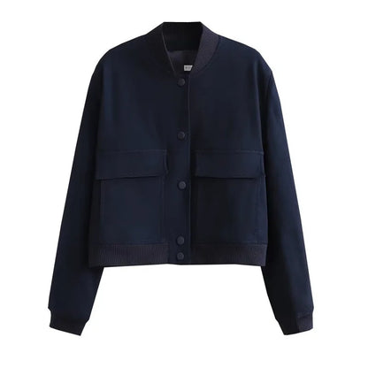 Women's Cropped Bomber Jacket Pockets Button-Front