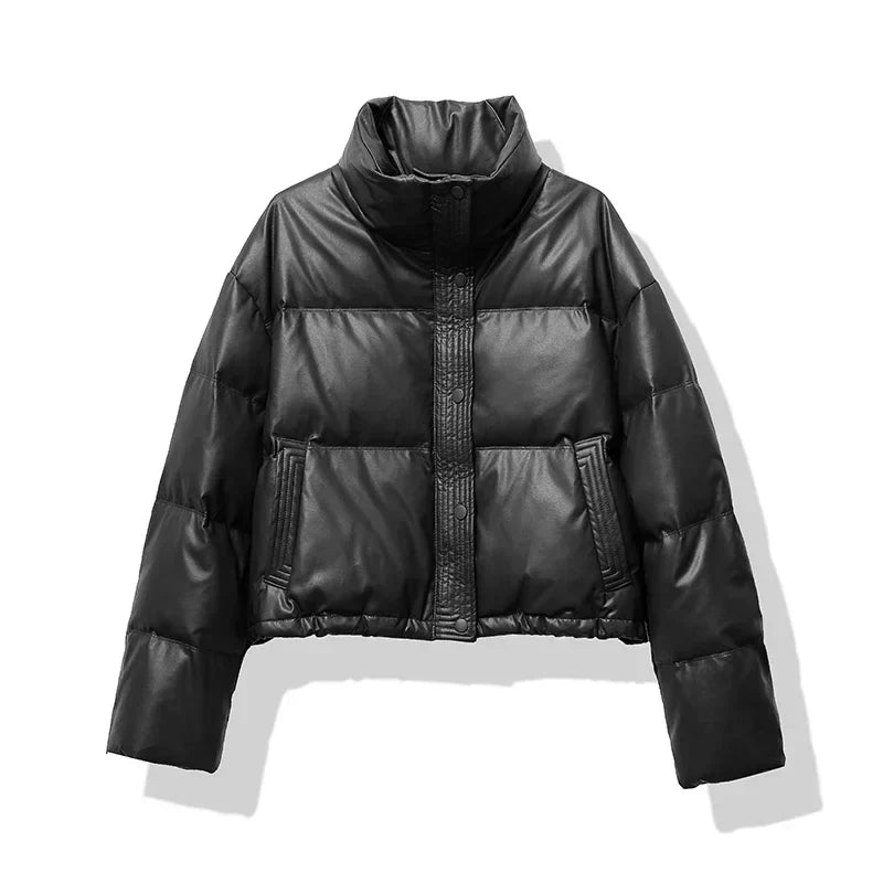 Women's Faux Leather Cropped Winter Puffer Jacket Pockets Button-Front