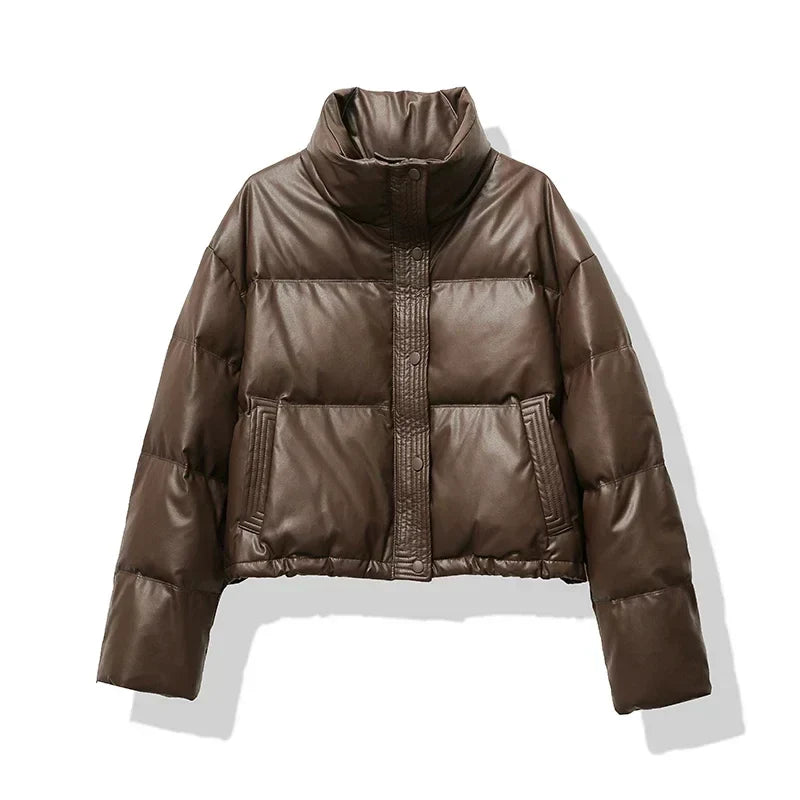 Women's Faux Leather Cropped Winter Puffer Jacket Pockets Button-Front