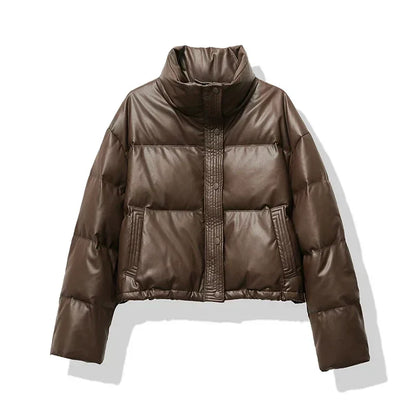 Women's Faux Leather Cropped Winter Puffer Jacket Pockets Button-Front