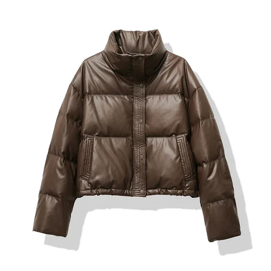 Women's Faux Leather Cropped Winter Puffer Jacket Pockets Button-Front
