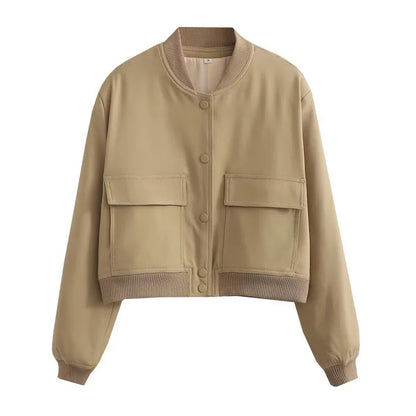 Women's Cropped Bomber Jacket Pockets Button-Front
