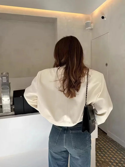 Women's Cropped Bomber Jacket Pockets Button-Front