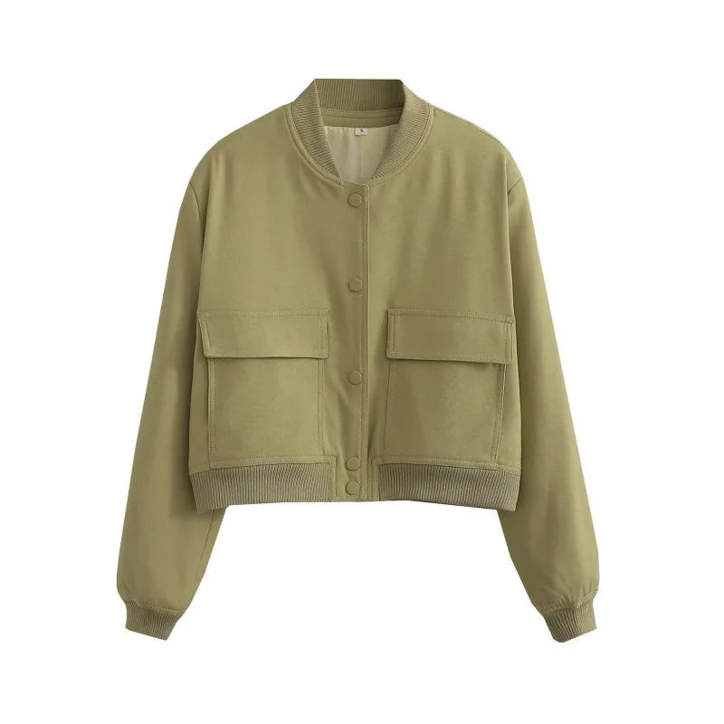 Women's Cropped Bomber Jacket Pockets Button-Front