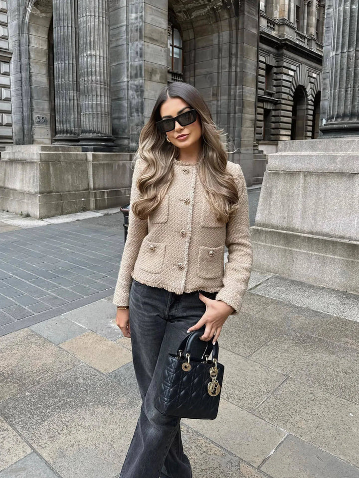 Women's Boxy Cropped Tweed Jacket Pockets Button-Front