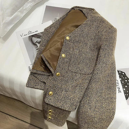 Women's Cropped Tweed Work Blazer Pockets
