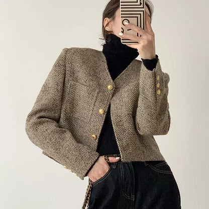 Women's Cropped Tweed Work Blazer Pockets