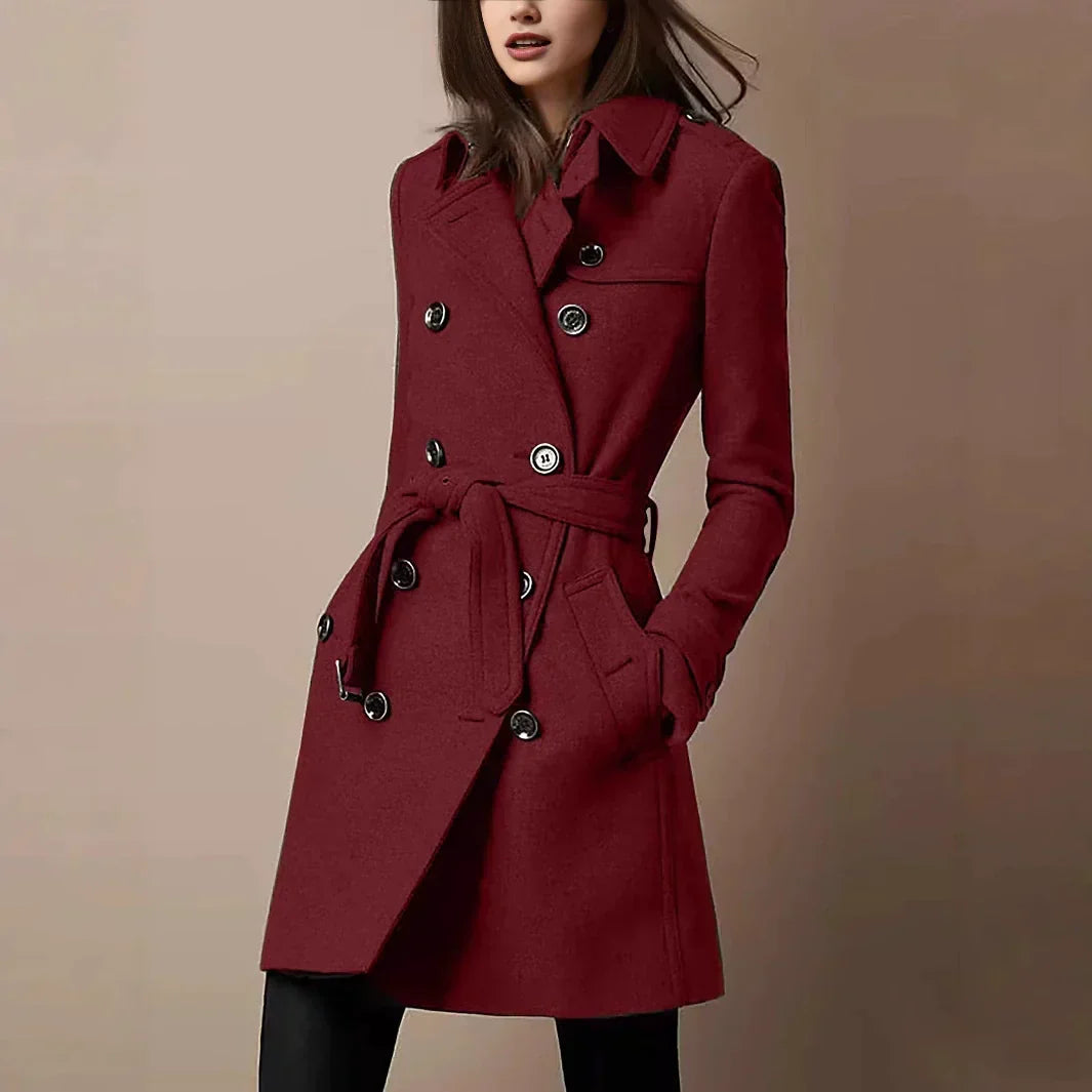 Women's Double-Breasted Belted Long Coat Slim-Fit