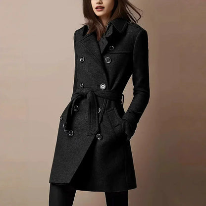 Women's Double-Breasted Belted Long Coat Slim-Fit