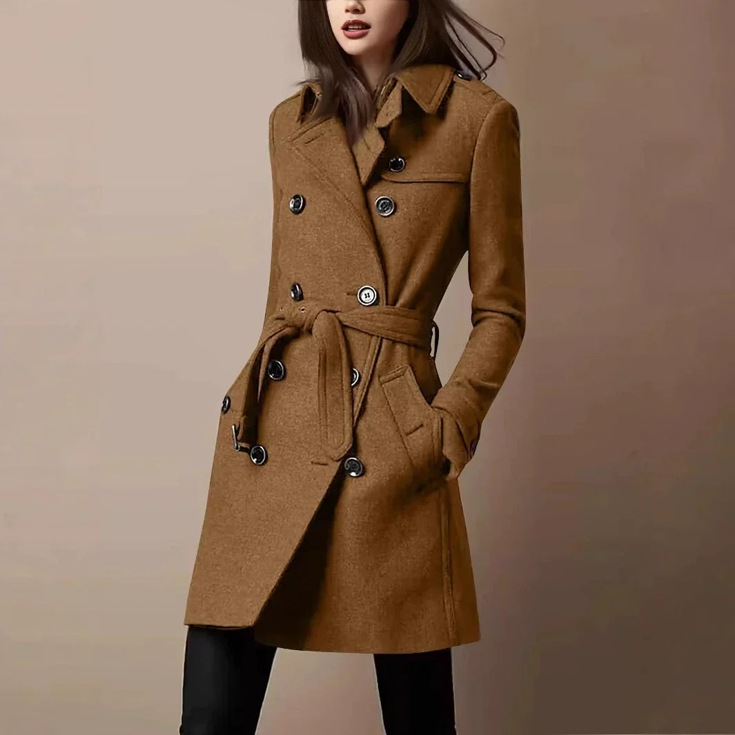 Women's Double-Breasted Belted Long Coat Slim-Fit