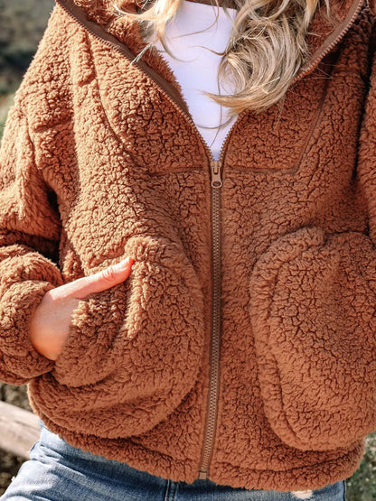 Women's Zip-Up Winter Teddy Jacket Pockets Oversized