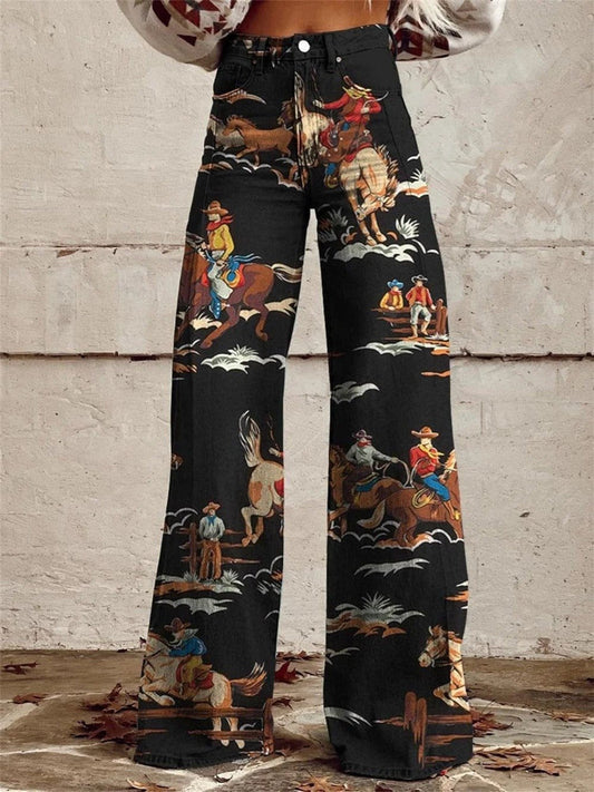 Women's Western Print Denim Wide-Leg Trousers