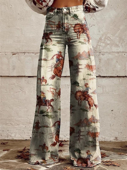 Women's Western Print Denim Wide-Leg Trousers