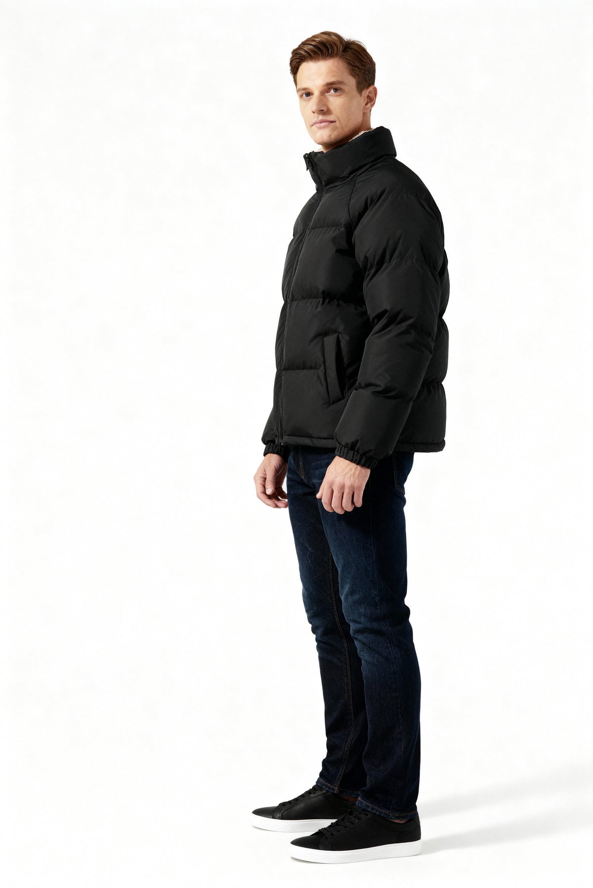 Men's Fleece-Lined Winter Puffer Jacket Stand Collar Relaxed-Fit