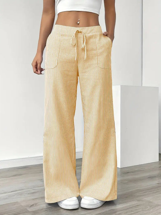 Women's Striped Linen Drawstring Wide-Leg Trousers