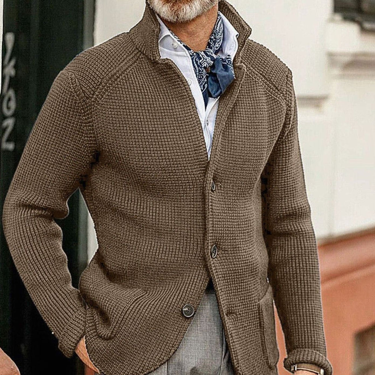 Men's Button-Up Waffle-Knit Cardigan Jacket