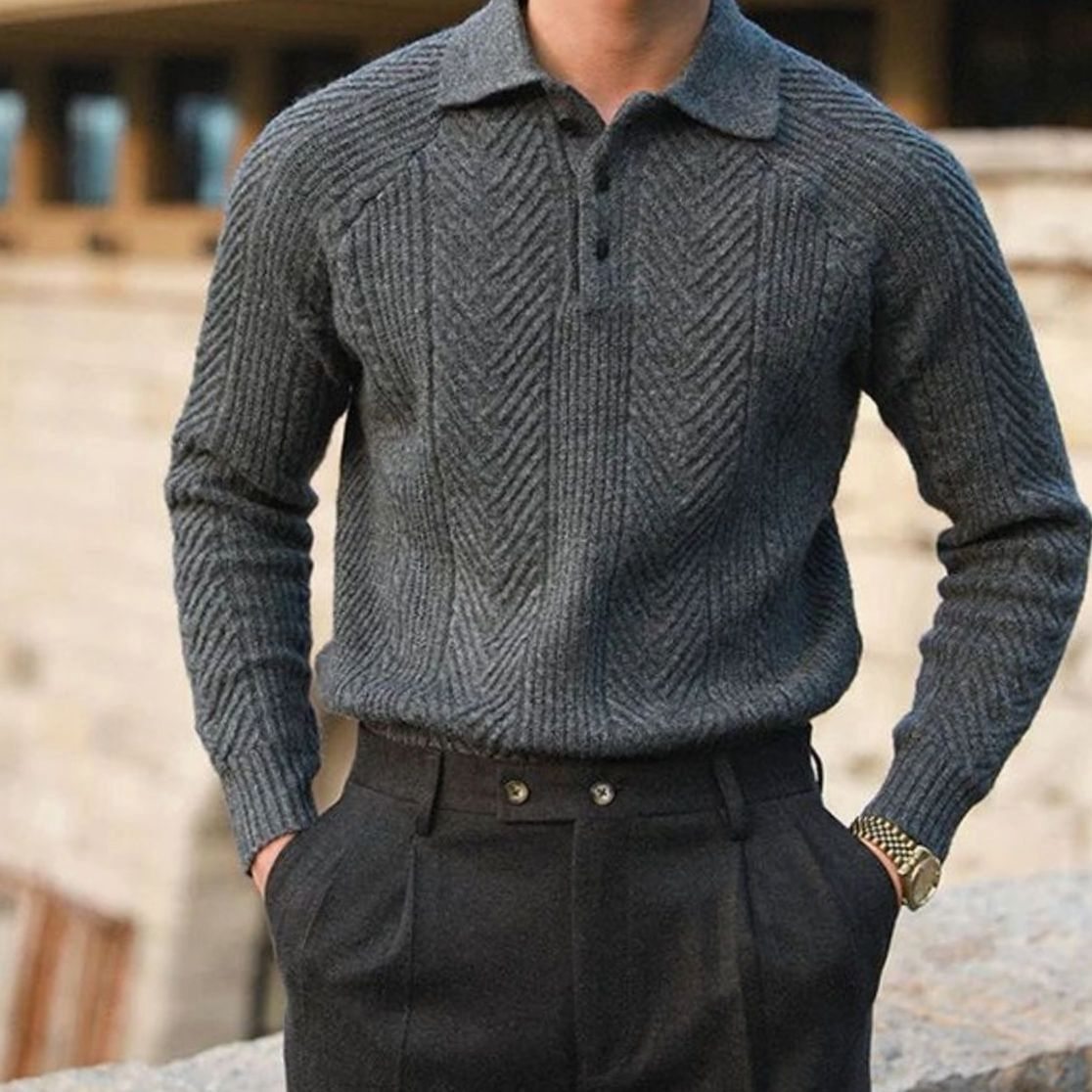 Men's Cable-Knit Collared Jumper Button Placket
