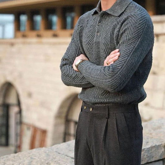 Men's Cable-Knit Collared Jumper Button Placket