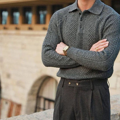 Men's Cable-Knit Collared Jumper Button Placket